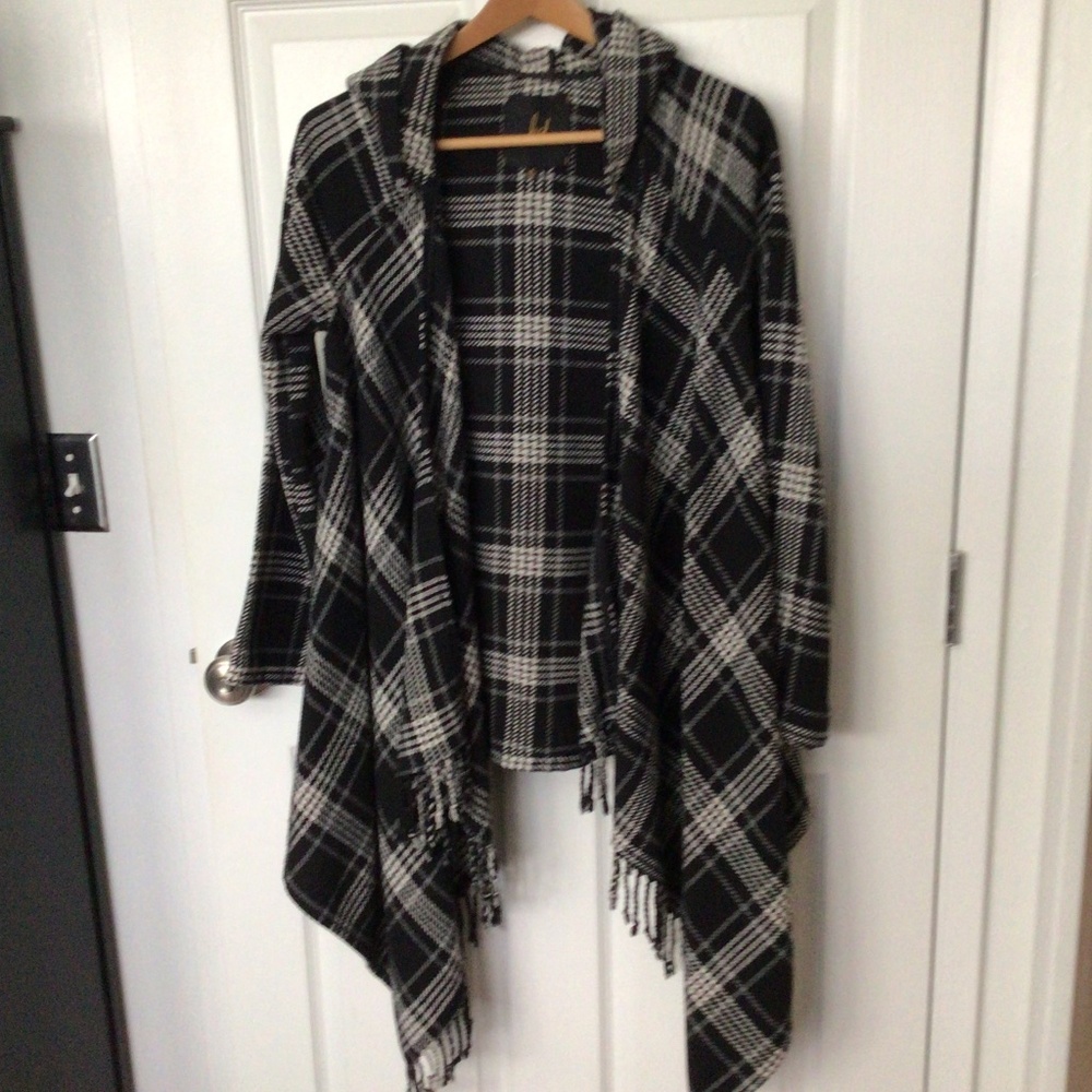 Black and White Plaid Wrap Sweater with Hood and Fringe